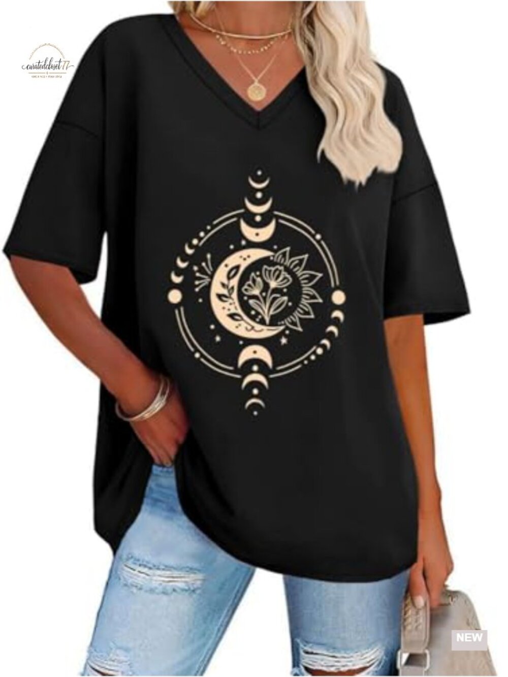 Women's Oversized V-Neck Graphic Tee, Soft Stretch Fabric